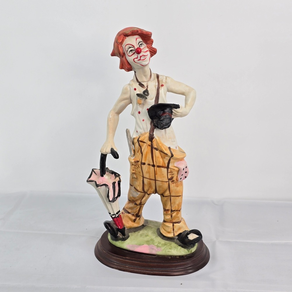 Vintage Price Products Clown Figurine Hobo Plaid Pants Umbrella Wooden Base